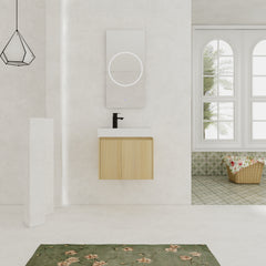 24 Inch Bathroom Vanity with Ceramic Basin, Wall Mounted Floating Vanity Sink Combo, Wooden Storage Cabinet with Double Doors for Bathroom,Oak