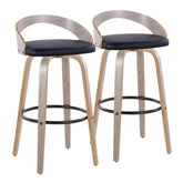 Grotto 30" Contemporary Fixed-Height Barstool with Swivel in Light Grey Wood and Black Faux Leather with Round Black Metal Footrest by LumiSource - Set of 2