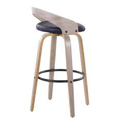 Grotto 30" Contemporary Fixed-Height Barstool with Swivel in Light Grey Wood and Black Faux Leather with Round Black Metal Footrest by LumiSource - Set of 2