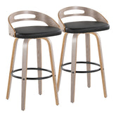 Cassis 30" Mid-Century Modern Fixed-Height Barstool with Swivel in Light Grey Wood and Black Faux Leather with Round Black Metal Footrest by LumiSource - Set of 2