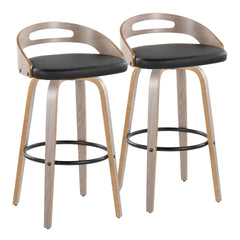 Cassis 30" Mid-Century Modern Fixed-Height Barstool with Swivel in Light Grey Wood and Black Faux Leather with Round Black Metal Footrest by LumiSource - Set of 2