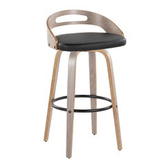 Cassis 30" Mid-Century Modern Fixed-Height Barstool with Swivel in Light Grey Wood and Black Faux Leather with Round Black Metal Footrest by LumiSource - Set of 2
