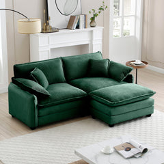 Two-Seater Sofa with One Footrest, L-Shaped 2-Seater Sofa with Ottoman for Small Living Spaces,Green Corduroy