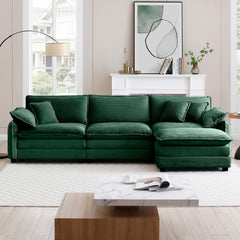 Oversize 3-seater sofa with One footrest, L-shaped Sectional sofa with ottoman for living rooms,Green corduroy sofa