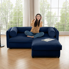 Stylish Blue Chenille 2-Seater Sofa with Ottoman Storage Seat, Cylindrical Backrest and Armrests, Modern Fabric Loveseat Featuring Hidden Storage Space