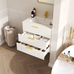 24inch Wall Mounted Floating Cabinet w/Double Drawer, Floating Rectangular Vanity Small Bathroom Sink With Single Faucet Hole and Overflow, Modern Bathroom Cabinet with Ceramic Basin Sink