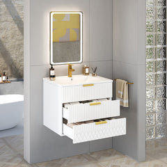 24inch Wall Mounted Floating Cabinet w/Double Drawer, Floating Rectangular Vanity Small Bathroom Sink With Single Faucet Hole and Overflow, Modern Bathroom Cabinet with Ceramic Basin Sink