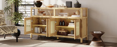TREXM Bohemian Style Rattan Buffet Storage Cabinet with Solid Wood Frame, Sideboard with 3-position Adjustable Shelves for Living & Dining Rooms, No-Handle Push-to-Open Design (Natural)