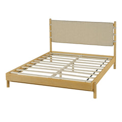Premium Rubber Wood Platform Bed Frame, Queen Bed Frame with Headboard Included, Mid Century Modern Bed With Beige Color
