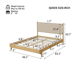 Premium Rubber Wood Platform Bed Frame, Queen Bed Frame with Headboard Included, Mid Century Modern Bed With Beige Color