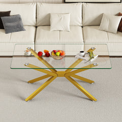 39.37" Rectangular Clear Tempered Glass Coffee Table,Stylish Design with Gold Metal Legs, Coffee Table for Living Room