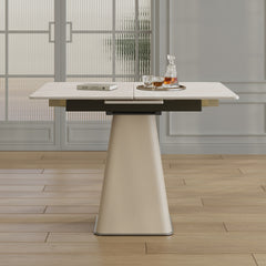Retractable Rock Slab Folding Dining Table, Modern Square Expandable Table with Leather-Wrapped Stainless Steel Base, Dual-Purpose Space Saving Kitchen Table for Small Apartments