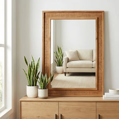 Yellowish Brown 20"x30" Rattan Rectangle Solid Wood Frame Decorative Mirror,For Farmhouse,Bathroom,Home Decor,Entryway
