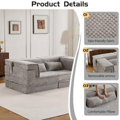 Compression Mahjong Sofa,Convertible Floor Sofa Bed,DIY Boneless Modular Sectional Sofa,No Assembly Required,Circle fleece fabric,Modern Oversized Loveseat,Light Grey