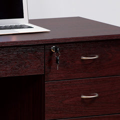 Three locking drawers on metal glides Student Desk Work Desk Modesty Panel Metal Bar Handles Mahogany color