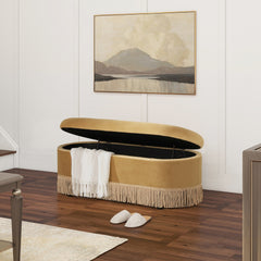 Melinda 48.5" Oval Tufted Bullion Fringe Storage Bench, Gold Velvet