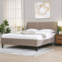 Aspen Vertical Tufted Modern Headboard Platform Bed Set, Queen, Mink Beige Performance Velvet