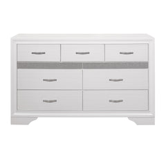 Modern Glam Dresser of 7 Drawers White and Silver Glitter Hidden Jewelry Drawers Ball Bearing Glides Modern Wooden Bedroom Furniture
