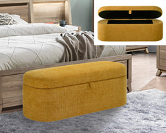 1pc Stylish Functional Storage Bench Spacious Hidden Compartment Cushioned Seat Sturdy Wooden Frame Fabric Upholstery Bedroom Entryway Living Spaces Gold Tweed