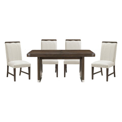 Modern Brown Finish Dining Set 5pcs Extendable Table with 4x Side Chairs Beige Upholstered Comfort Durable Metallic Accent Table Base Wooden Furniture