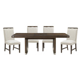 Modern Brown Finish Dining Set 5pcs Extendable Table with 4x Side Chairs Beige Upholstered Comfort Durable Metallic Accent Table Base Wooden Furniture