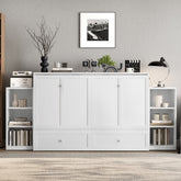 Queen size Murphy bed with spacious storage drawers and shelves. Ideal for guest rooms or compact bedrooms. White