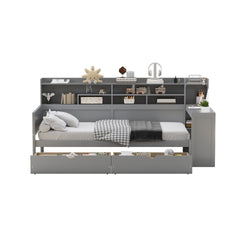 Wooden Twin Size Daybed with Storage Shelves, Multi-functional Bed with Two Storage Drawers and Study Desk, Gray