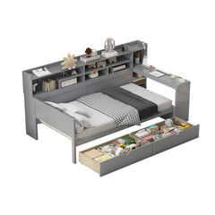 Wooden Twin Size Daybed with Storage Shelves, Multi-functional Bed with Two Storage Drawers and Study Desk, Gray