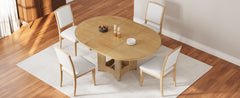 TOPMAX Farmhouse Extendable Round Dining Table Set for 4, 5-Piece Kitchen Table Set with 4 Upholstered Chairs and 16inch Removable Leaf for Small Places, Natural+Beige