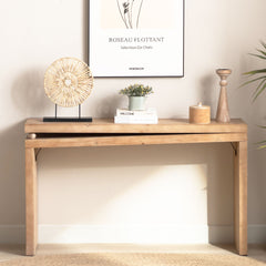 Narrow console table, Slim entryway table, Small space sofa table, 52 inch Hallway table, Wood console table with bead detail, Rustic modern console, Natural wood finish table, Minimalist foyer table.