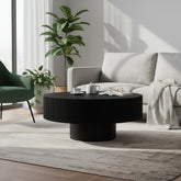 Round Coffee Table, Fluted Coffee Table with Sturdy Pedestal, Mid Century Modern Coffee Table for Living Room, Bedroom, Terrace, Office, Small Space (Black Round Thick)