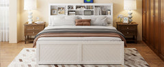 King Size Wood Platform Bed with Multi-storage Headboard, USB and Drawers, White