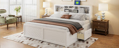 King Size Wood Platform Bed with Multi-storage Headboard, USB and Drawers, White