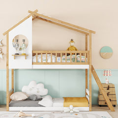 Twin Over Twin Bunk Bed Wood Bed with Roof, Window, Ladder,Natural(OLD SKU :LT100008AAN-2)