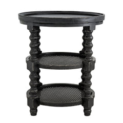 D23.5 x 25" Round Three Tiered Side Table with Rattan Shelf, Black