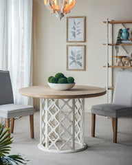 47x47x31" Round Wooden Dining Table with Ornate Cut-Out Base, Brown/White