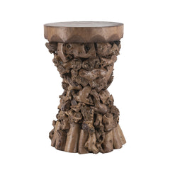 11.8x11.8x18.9" Brown Mulberry and Paulownia Wood Accent Table with Organic Tree Root Base