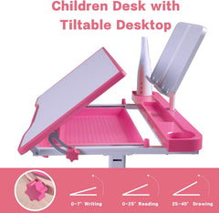 Desk for Kids Desk and Chair Set Kids Art Desk Drafting Table Desk Set with Adjustable Height, 40-Degree Tiltable Children Desktop, LED Light,Bookstand,Blue