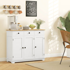 HOMCOM Sideboard with Solid Wood Countertop, Modern Kitchen Storage Cabinet, Coffee Bar Cabinet with 3 Drawers, Doors and Adjustable Shelf, Distressed White