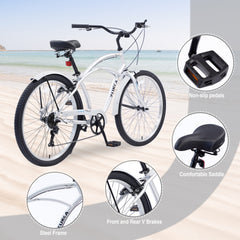 Men's Beach Cruiser Bike, 7 Speed Bicycles, 26"Inch Multiple Colors
