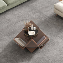 The Round Coffee Table with Glass Top and Geometric Abstract Art Deco Base Storage Shelves, Walnut, 35.4"