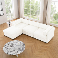 Elegant White Chenille Sofa with Storage Seat and Ottoman, L-Shaped 3-Seater Cylindrical Backrest and Armrests, Contemporary 3-Seater Fabric Couch with Hidden Storage Compartment