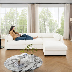 Elegant White Chenille Sofa with Storage Seat and Ottoman, L-Shaped 3-Seater Cylindrical Backrest and Armrests, Contemporary 3-Seater Fabric Couch with Hidden Storage Compartment
