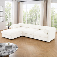 Elegant White Chenille Sofa with Storage Seat and Ottoman, L-Shaped 3-Seater Cylindrical Backrest and Armrests, Contemporary 3-Seater Fabric Couch with Hidden Storage Compartment