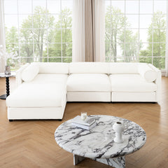 Elegant White Chenille Sofa with Storage Seat and Ottoman, L-Shaped 3-Seater Cylindrical Backrest and Armrests, Contemporary 3-Seater Fabric Couch with Hidden Storage Compartment
