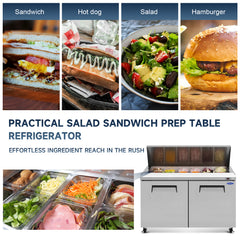 Orikool 60 IN Commercial Refrigerators Sandwich&Salad Prep Table with a Butcher Block Cutting Board, Protection Lid, Cold Storage, ETL Certified