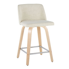 Toriano 24" Contemporary Fixed-Height Counter Stool with Swivel in Natural Wood and Cream Fabric with Square Chrome Metal Footrest by LumiSource - Set of 2