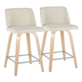 Toriano 24" Contemporary Fixed-Height Counter Stool with Swivel in Natural Wood and Cream Fabric with Square Chrome Metal Footrest by LumiSource - Set of 2