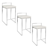 Fuji 26" Contemporary Stackable Counter Stool in Brushed Stainless Steel with White Faux Leather by LumiSource - Set of 3