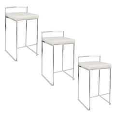 Fuji 26" Contemporary Stackable Counter Stool in Brushed Stainless Steel with White Faux Leather by LumiSource - Set of 3